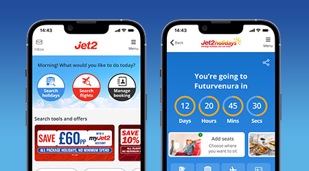 A view of the Jet2 app home screen and the booking countdown screen.